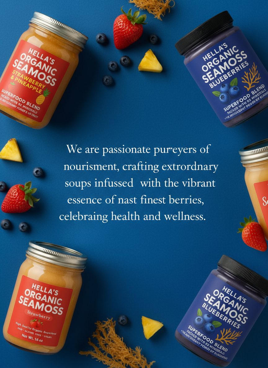 Hella's Organic Seamoss royal blue banner