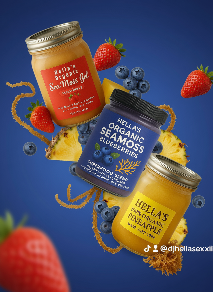 Sea moss product banner with cascading diagonal layout on royal blue background, no banner text